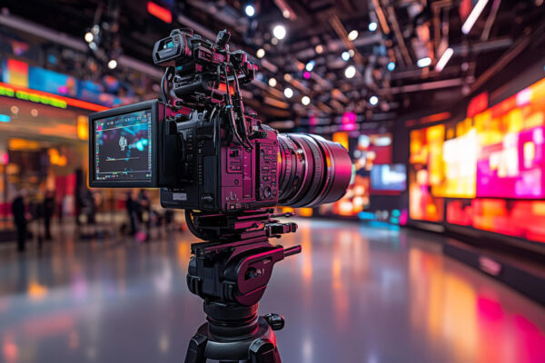 TV camera setup for recording in a professional studio environment, perfect for media coverage visuals, interview promotions, or broadcast marketing.